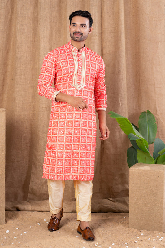 Carrot Red Cotton Kurta Pajama (NMK-8524) - Nihal Fashions