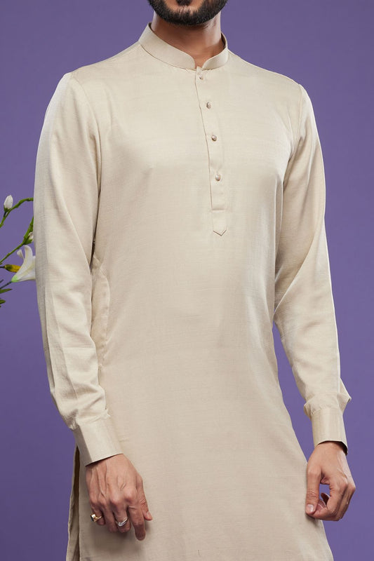 Casual Beige Art Banarasi Silk Mens Kurta (NMK-7067) - Nihal Fashions