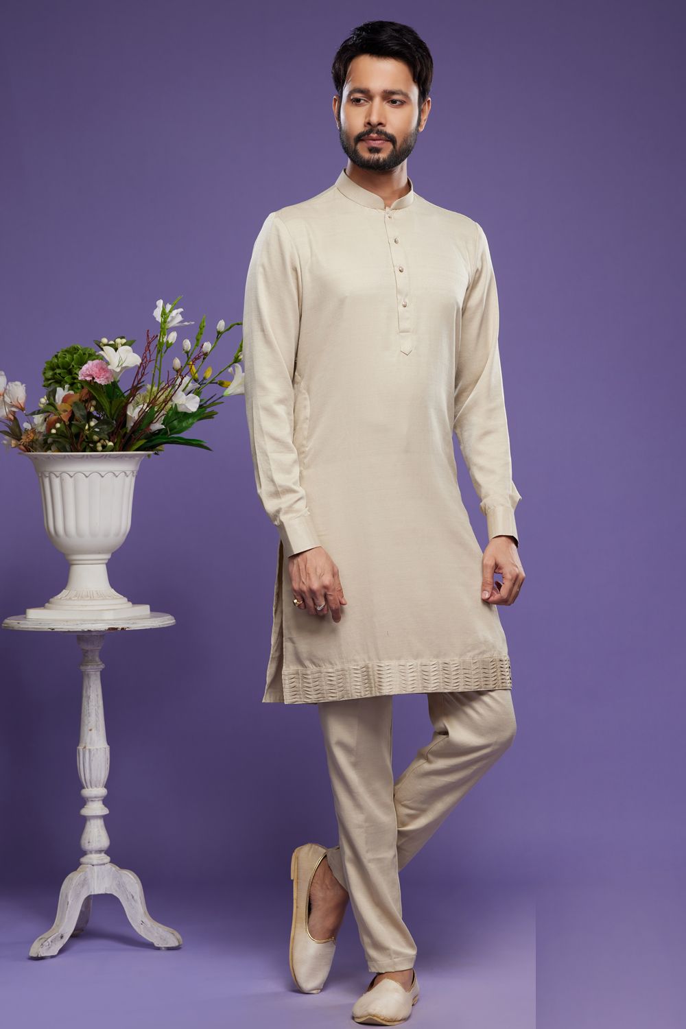 Casual Beige Art Banarasi Silk Mens Kurta (NMK-7067) - Nihal Fashions