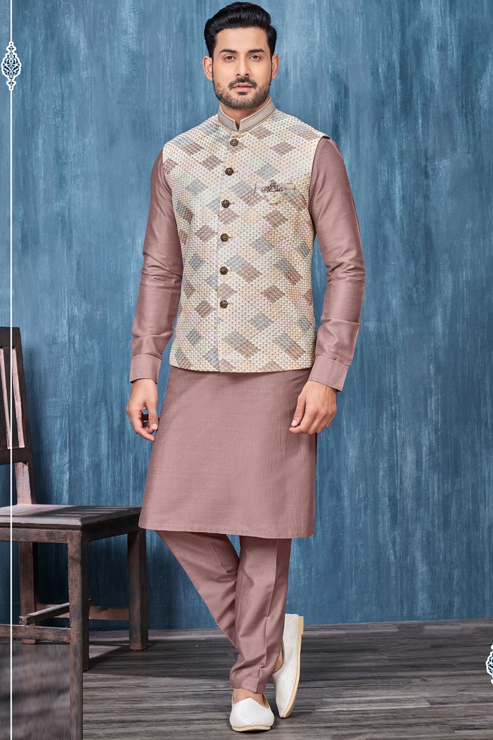 Coffee Art Banarasi Silk Nehru Jacket (NMK-7423) - Nihal Fashions