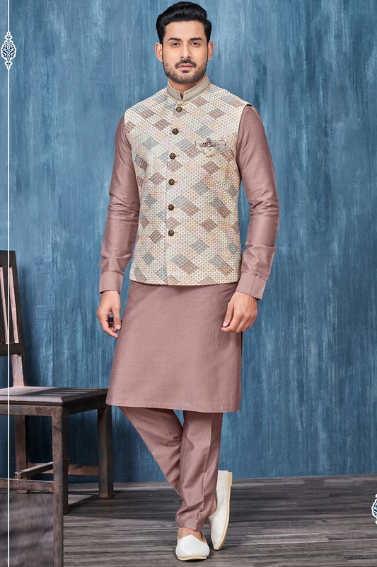 Coffee Art Banarasi Silk Nehru Jacket (NMK-7423) - Nihal Fashions