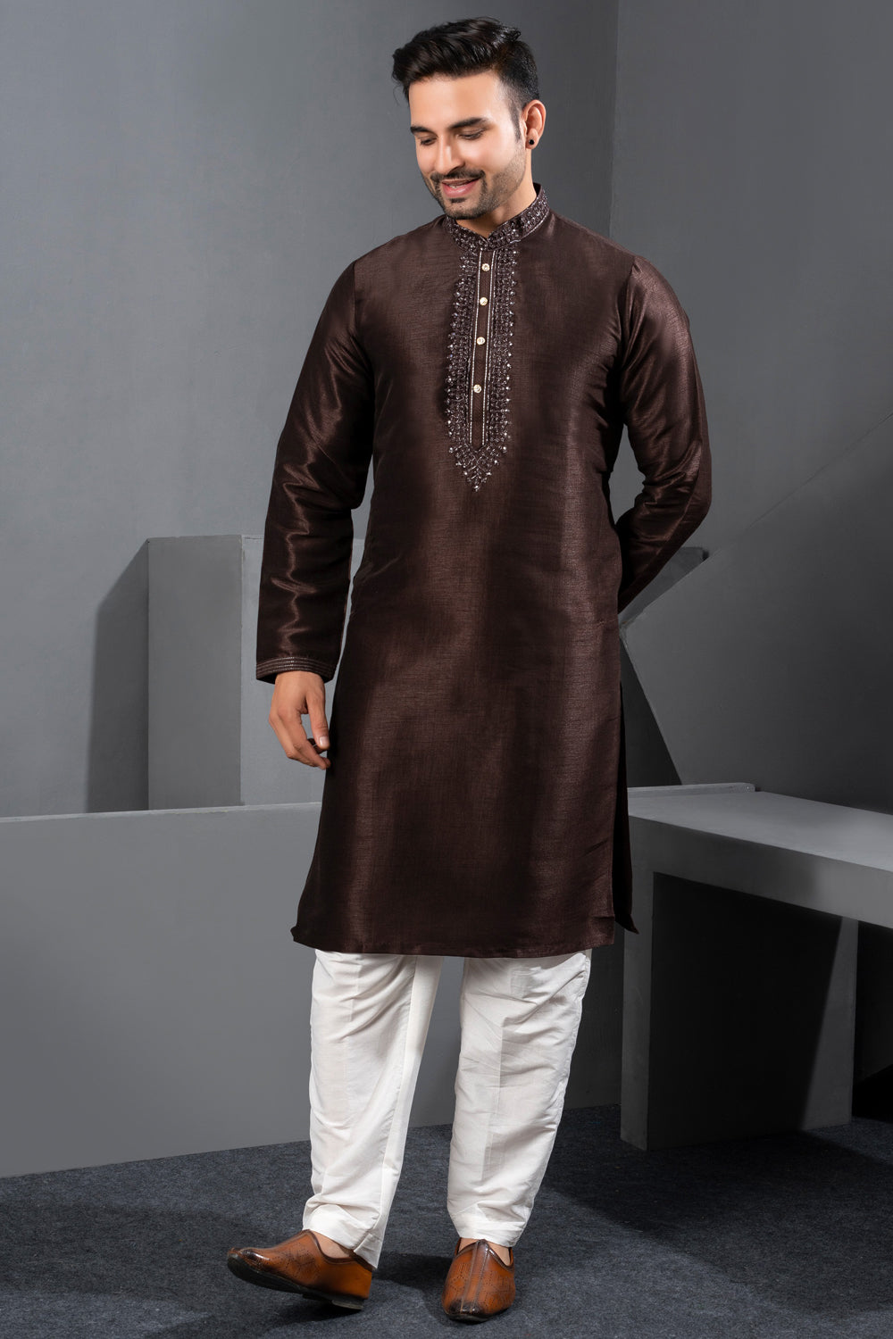 Coffee Brown Banglori Silk Kurta Pajama (NMK-8715) - Nihal Fashions