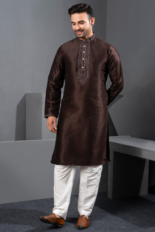 Coffee Brown Banglori Silk Kurta Pajama (NMK-8715) - Nihal Fashions