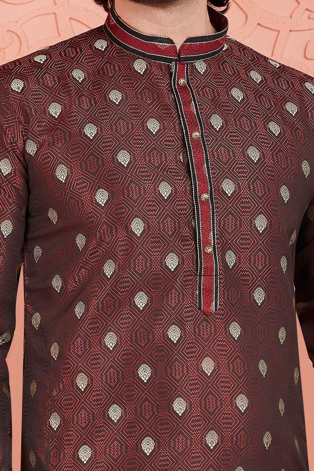 Coffee Brown Jaquard Silk Brocade Kurta (NMK-7763) - Nihal Fashions