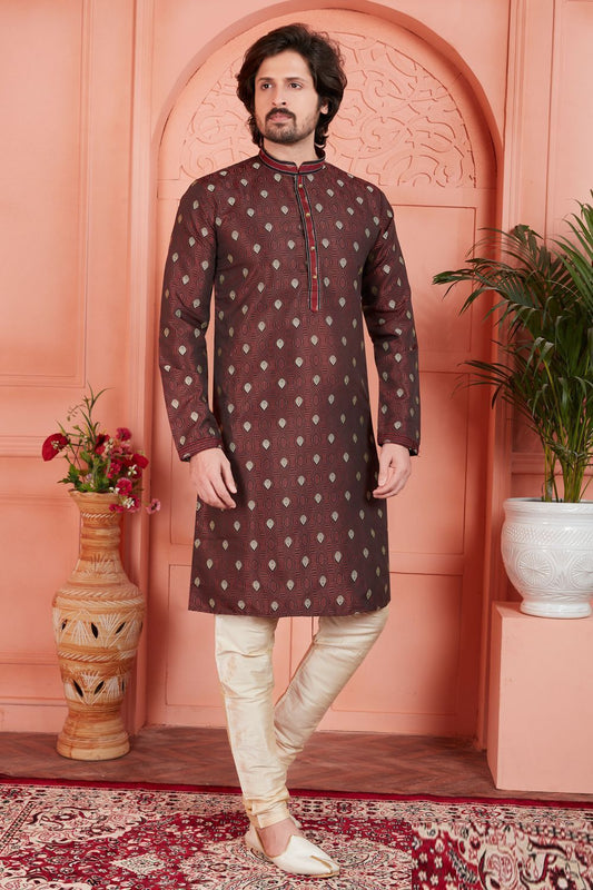 Coffee Brown Jaquard Silk Brocade Kurta (NMK-7763) - Nihal Fashions