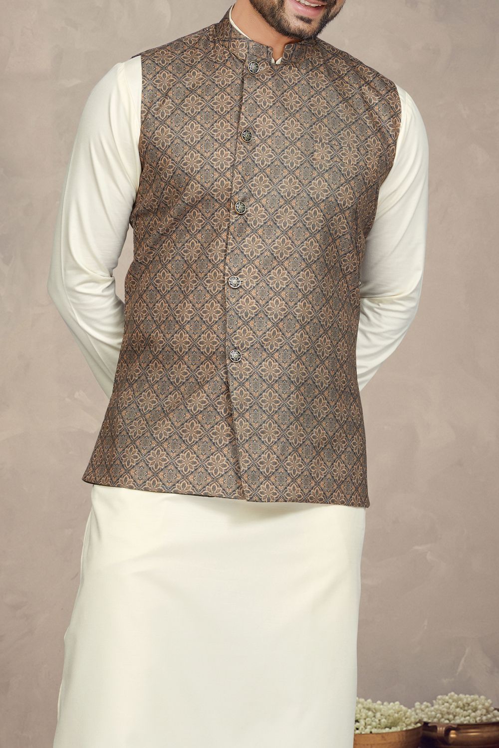 Coffee Cotton Mens Nehru Jacket (NMK-6955) - Nihal Fashions