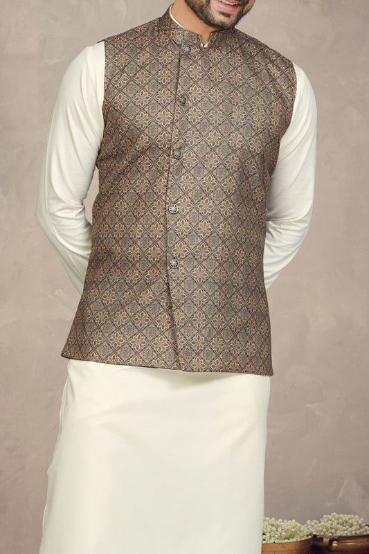 Coffee Cotton Mens Nehru Jacket (NMK-6955) - Nihal Fashions