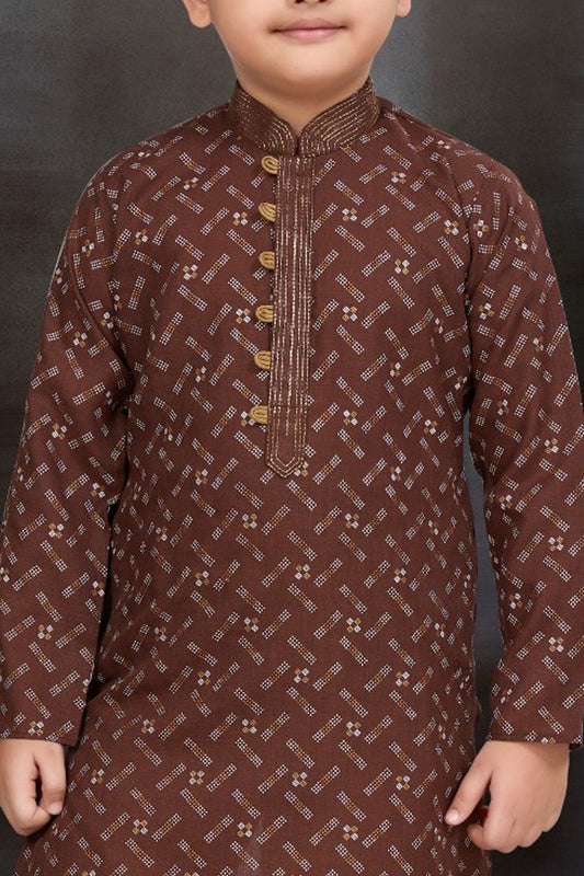 Coffee Cotton Printed Boys Kurta Pajama (NKK-788) - Nihal Fashions
