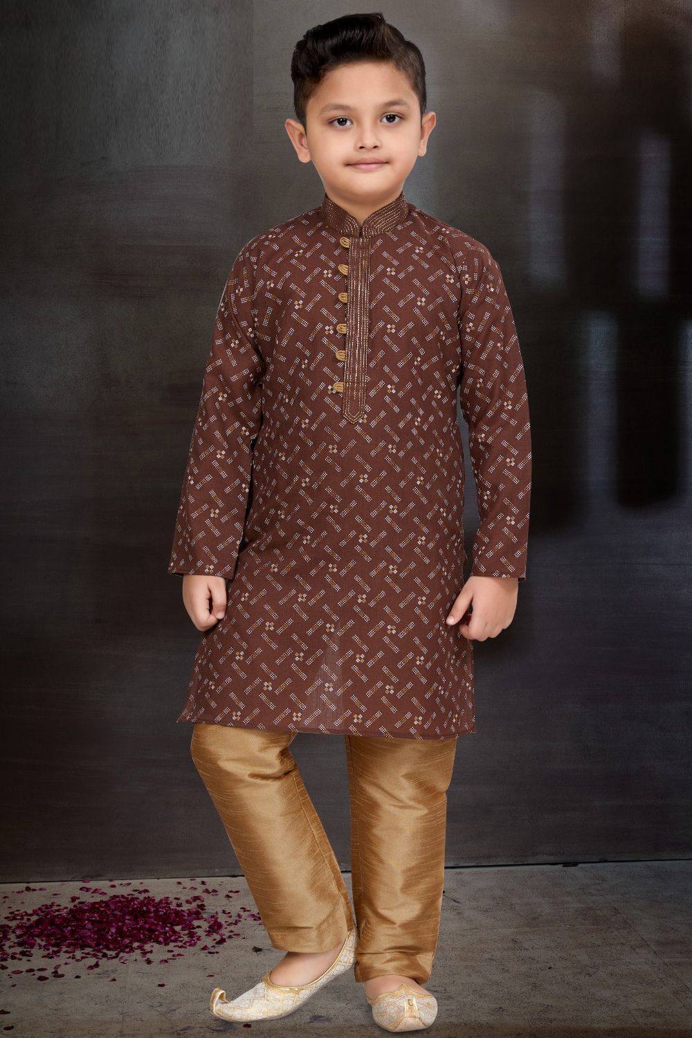 Coffee Cotton Printed Boys Kurta Pajama (NKK-788) - Nihal Fashions