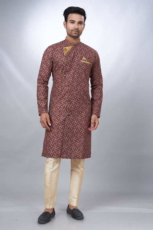 Coffee Cotton Printed Mens Indo Western (NMK-6931) - Nihal Fashions