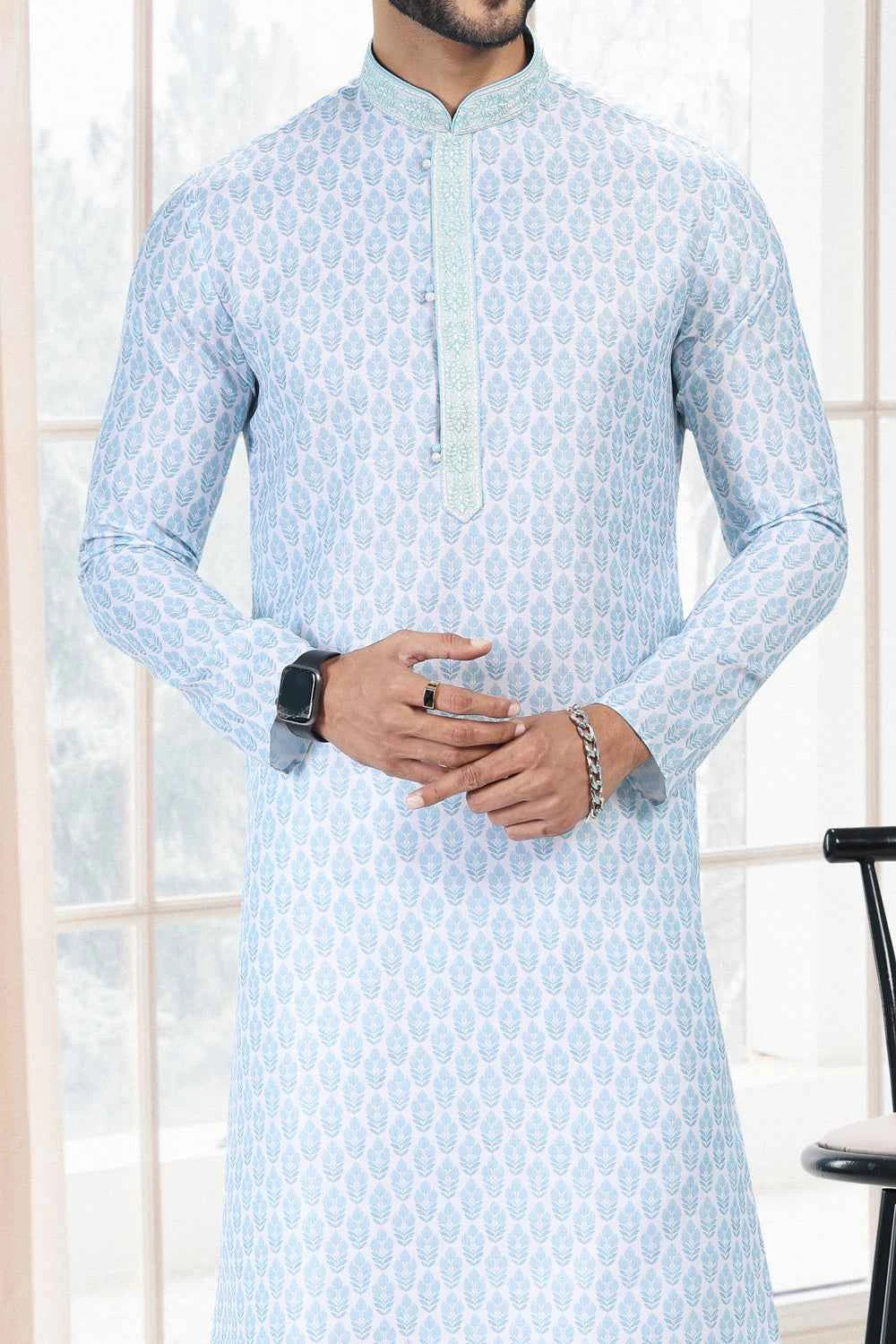 Cotton Digital Print Blue Kurta Pajama for Men (NMK-6663)