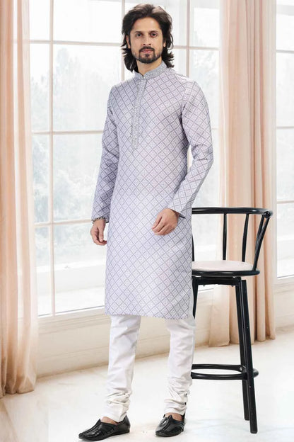 Cotton Digital Print Grey Mens Kurta (NMK-6673)