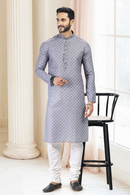 Cotton Digital Print Kurta Pajama in Grey (NMK-6678)