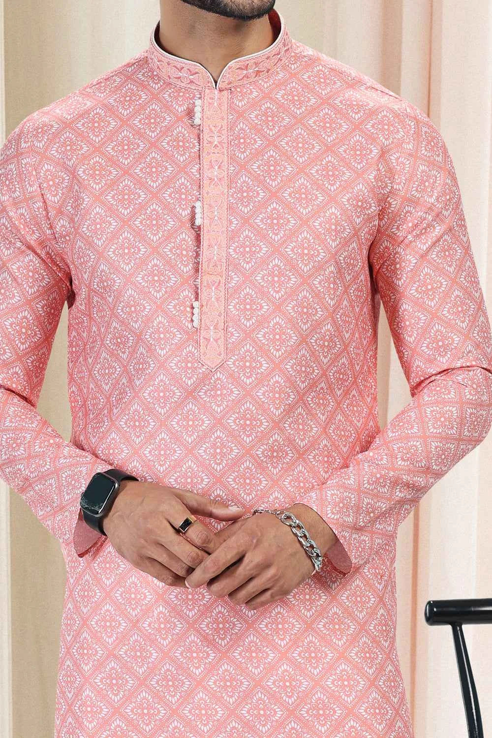 Cotton Digital Print Peach Kurta for Men (NMK-6676)