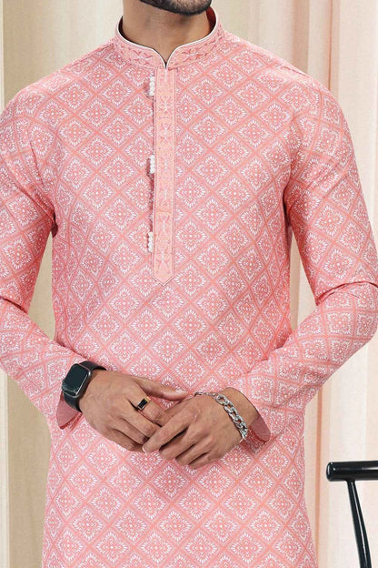 Cotton Digital Print Peach Kurta for Men (NMK-6676)