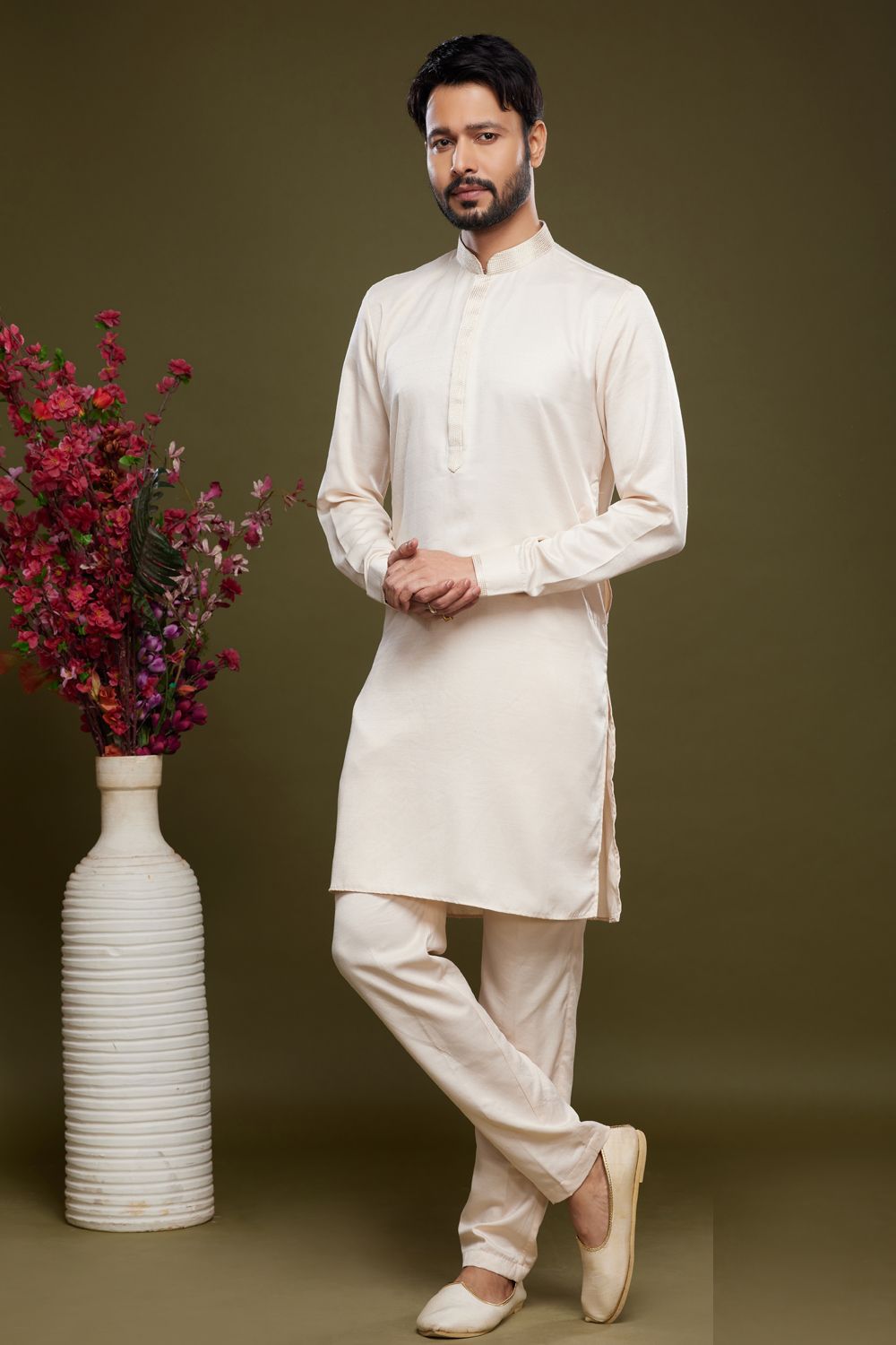 Cream Art Banarasi Silk Casual Kurta for Men (NMK-7075) - Nihal Fashions