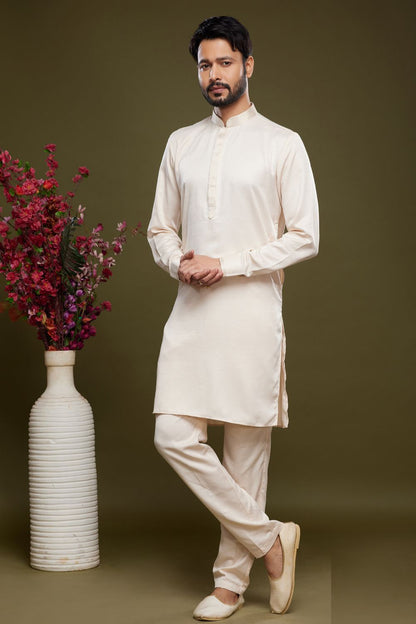 Cream Art Banarasi Silk Casual Kurta for Men (NMK-7075) - Nihal Fashions