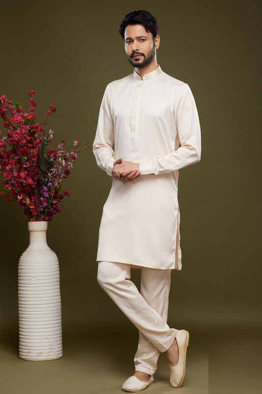 Cream Art Banarasi Silk Casual Kurta for Men (NMK-7075) - Nihal Fashions