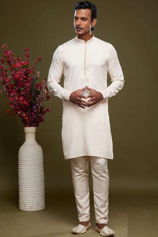 Cream Art Banarasi Silk Casual Kurta Pajama (NMK-7074) - Nihal Fashions