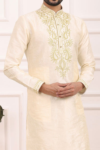 Cream Art Banarasi Silk Kurta Pajama (NMK-7007) - Nihal Fashions
