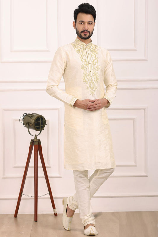 Cream Art Banarasi Silk Kurta Pajama (NMK-7007) - Nihal Fashions