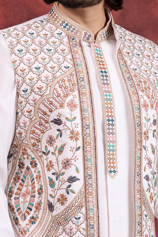 Cream Art Banarasi Silk Long Jacket Indo Western (NMK-8688) - Nihal Fashions