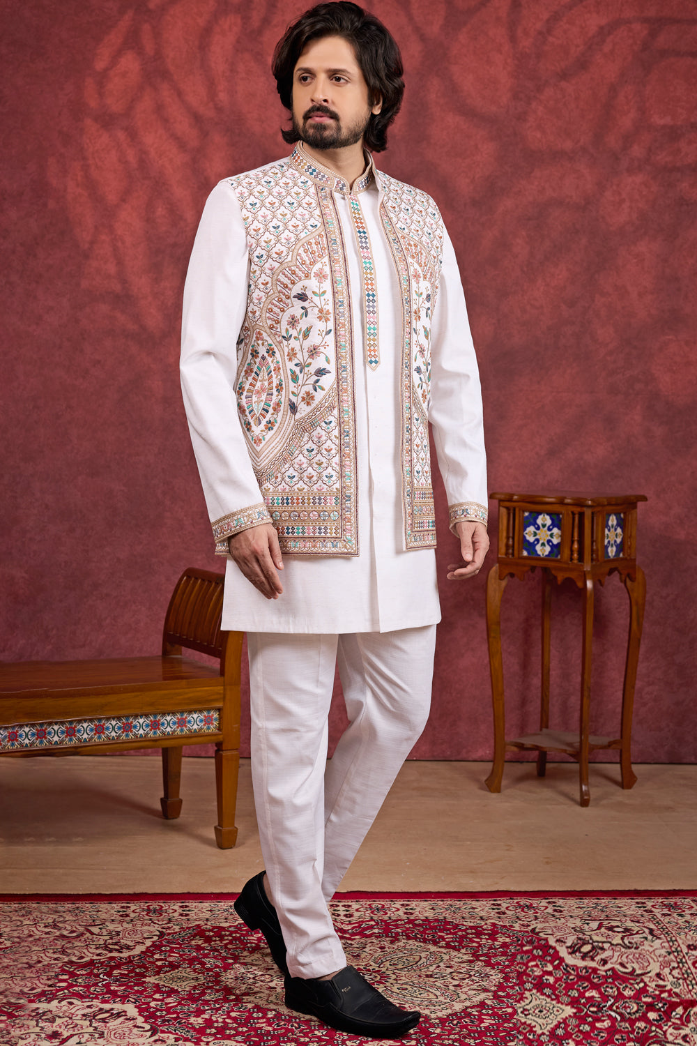 Cream Art Banarasi Silk Long Jacket Indo Western (NMK-8688) - Nihal Fashions