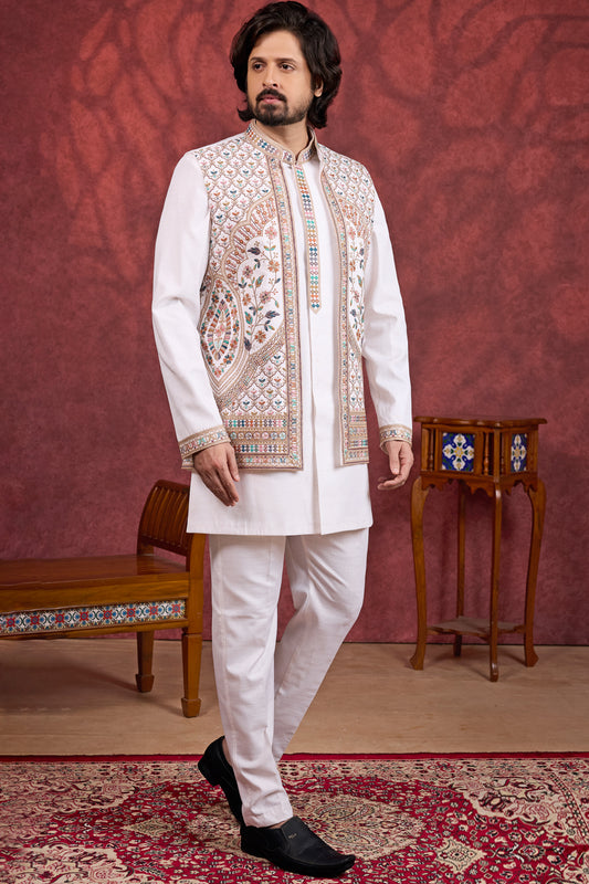 Cream Art Banarasi Silk Long Jacket Indo Western (NMK-8688) - Nihal Fashions