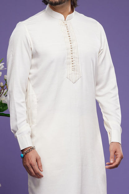 Cream Art Banarasi Silk Mens Kurta Pajama (NMK-7073) - Nihal Fashions