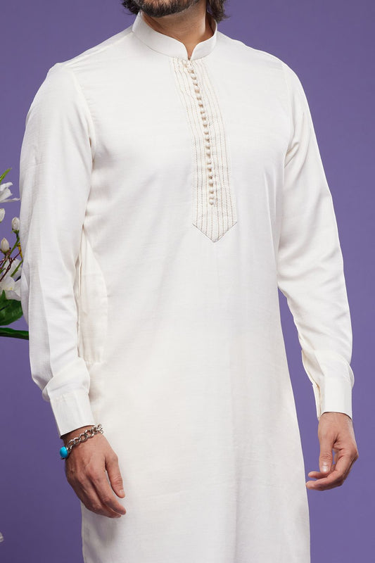 Cream Art Banarasi Silk Mens Kurta Pajama (NMK-7073) - Nihal Fashions