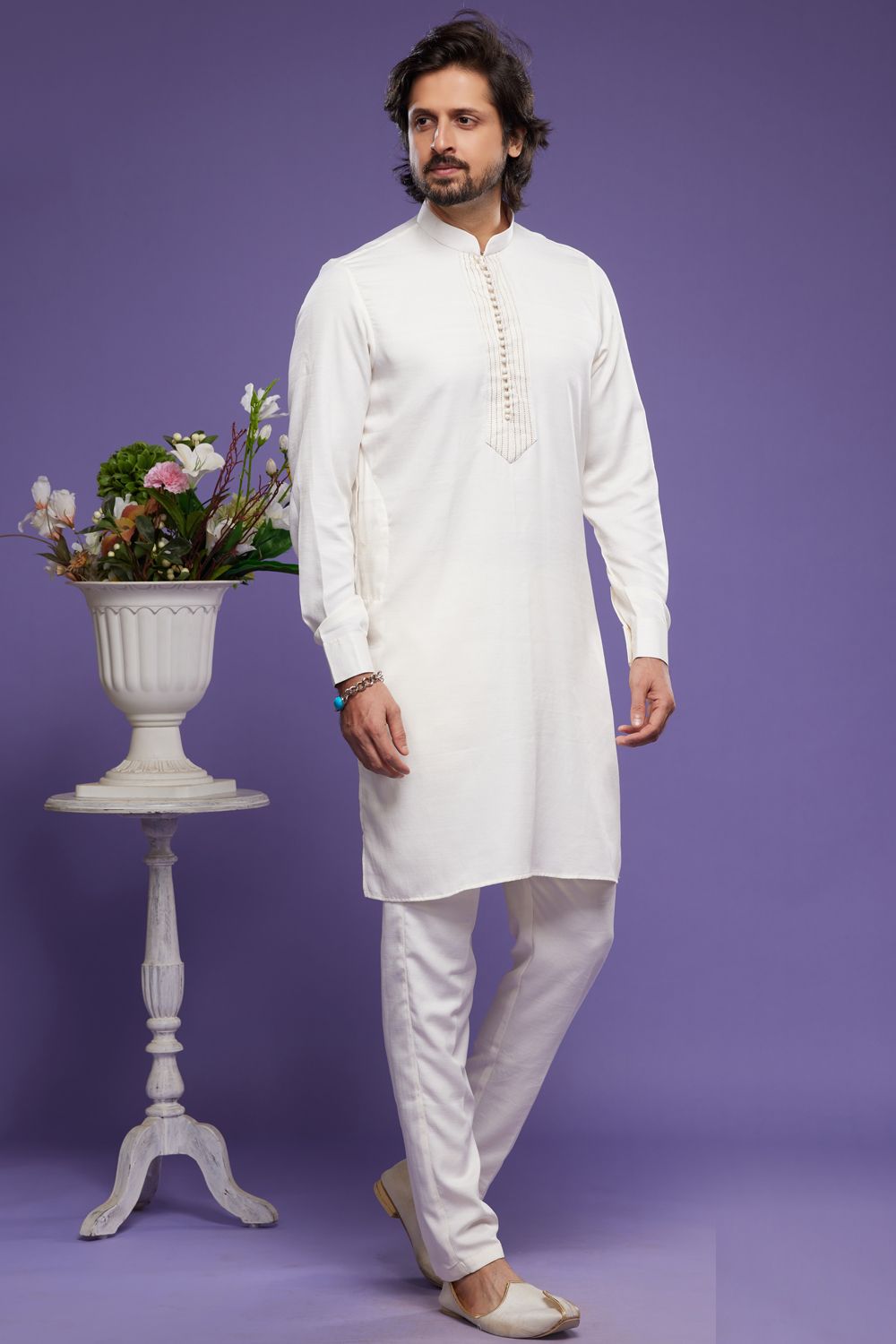 Cream Art Banarasi Silk Mens Kurta Pajama (NMK-7073) - Nihal Fashions