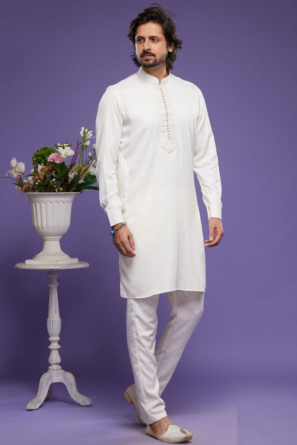 Cream Art Banarasi Silk Mens Kurta Pajama (NMK-7073) - Nihal Fashions