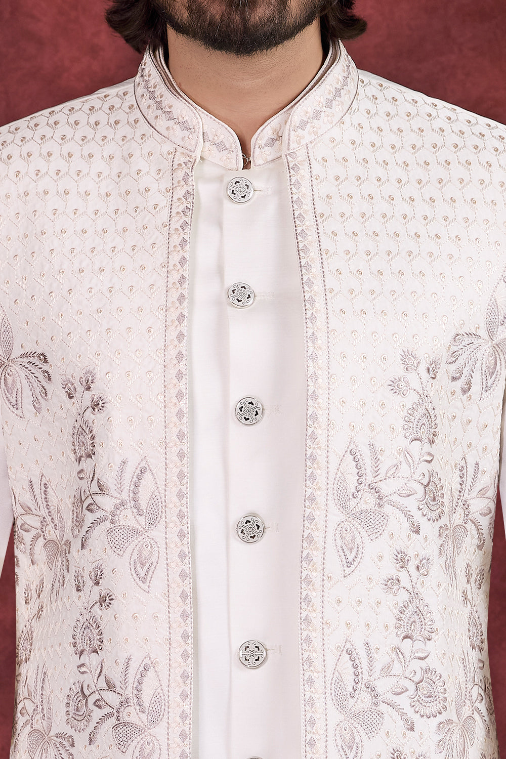 Cream Art Banarasi Silk  Mens Long Jacket Indo Western (NMK-8690) - Nihal Fashions