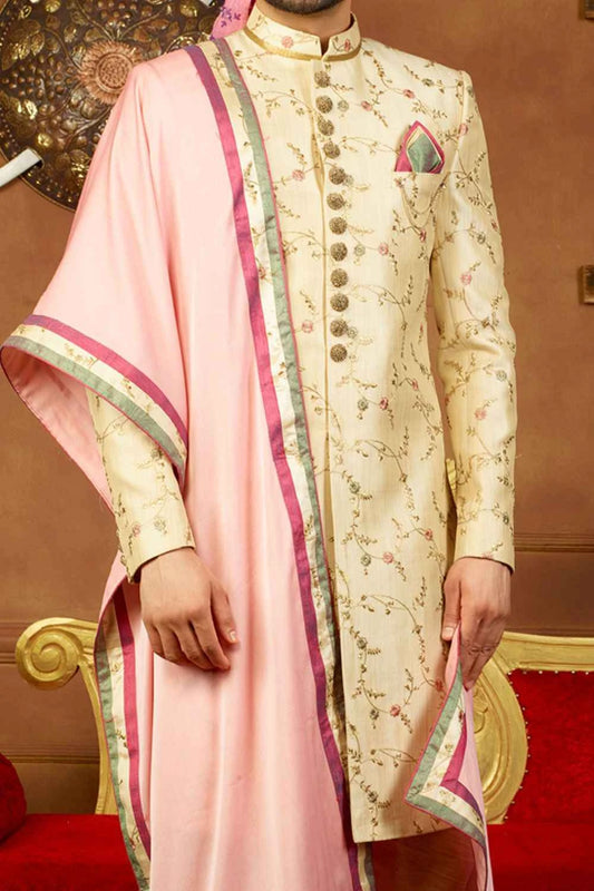 Cream Art Banarasi Silk Mens Sherwani (NMK-3905)