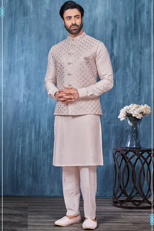 Cream Art Banarasi Silk Nehru Jacket (NMK-7394) - Nihal Fashions