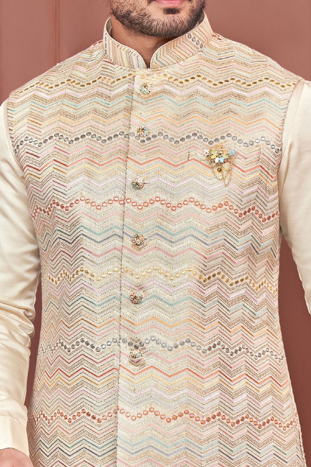 Cream Art Banarasi Silk Nehru Jacket (NMK-7417) - Nihal Fashions