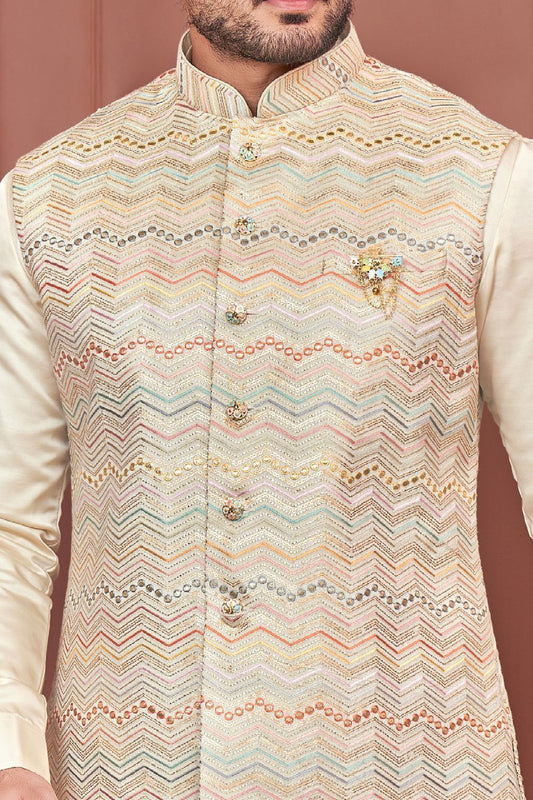 Cream Art Banarasi Silk Nehru Jacket (NMK-7417) - Nihal Fashions