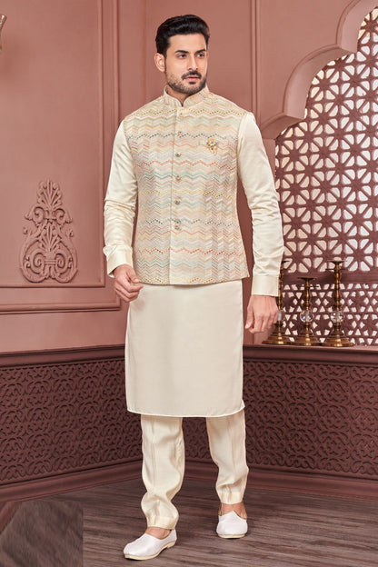 Cream Art Banarasi Silk Nehru Jacket (NMK-7417) - Nihal Fashions