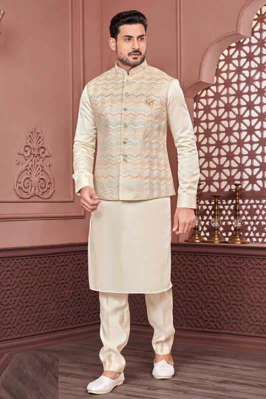 Cream Art Banarasi Silk Nehru Jacket (NMK-7417) - Nihal Fashions