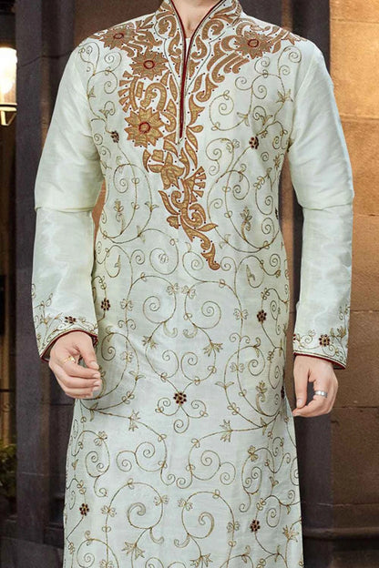 Cream Art Dupion Designer Kurta Pajama (NMK-3777)