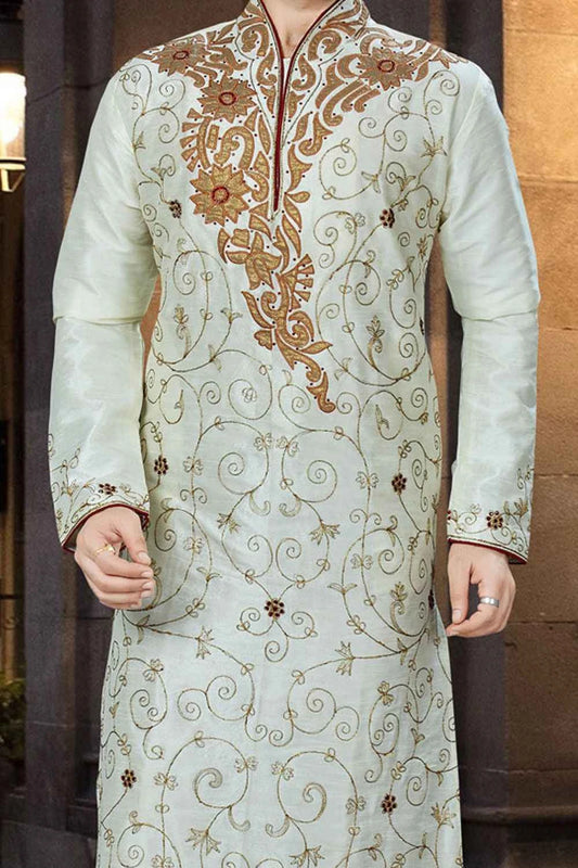 Cream Art Dupion Designer Kurta Pajama (NMK-3777)