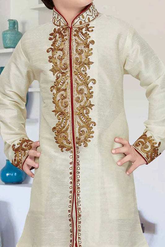 Cream Art Dupion Kids Kurta Pajama (NKK-546)