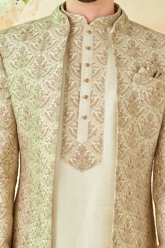 Cream Art Embroidered Silk Indo Western (NMK-8533) - Nihal Fashions