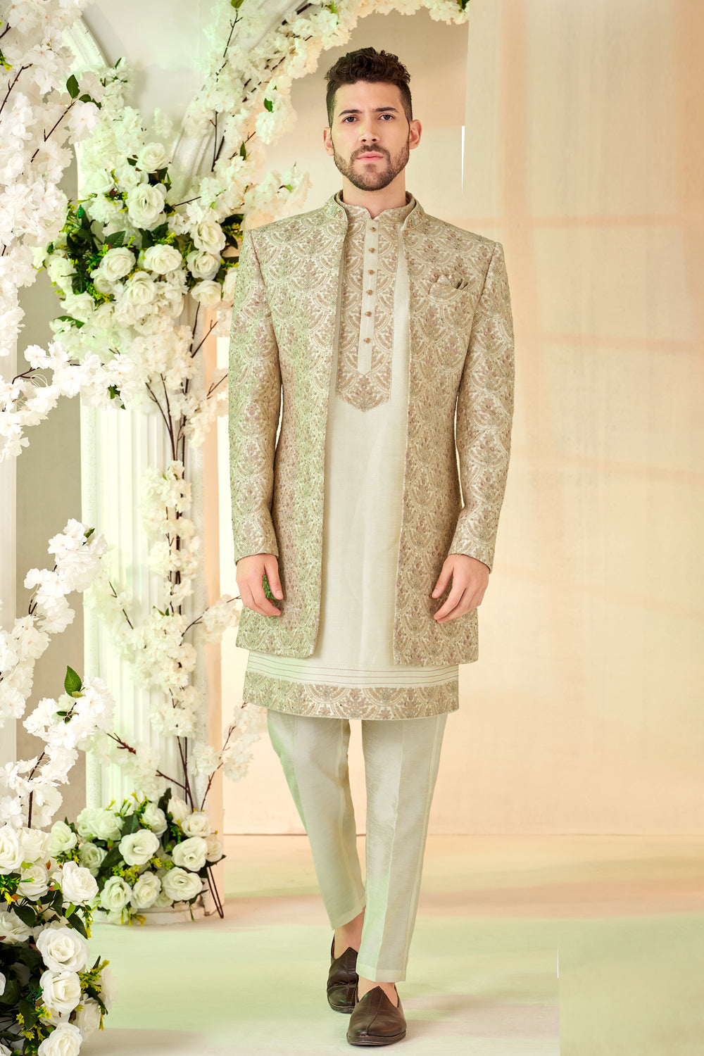 Cream Art Embroidered Silk Indo Western (NMK-8533) - Nihal Fashions