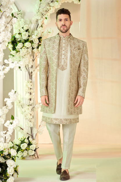 Cream Art Embroidered Silk Indo Western (NMK-8533) - Nihal Fashions