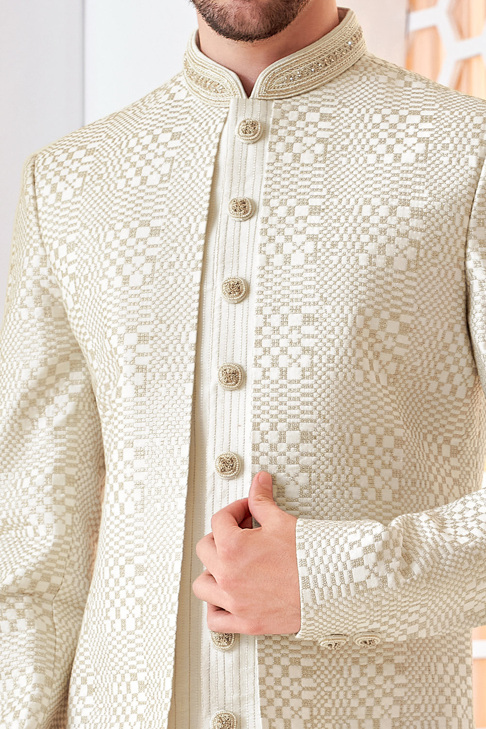 Cream Art Embroidered Silk Mens Indo Western (NMK-8536) - Nihal Fashions