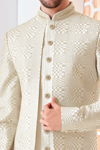 Cream Art Embroidered Silk Mens Indo Western (NMK-8536) - Nihal Fashions