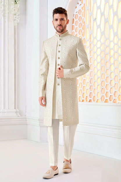 Cream Art Embroidered Silk Mens Indo Western (NMK-8536) - Nihal Fashions