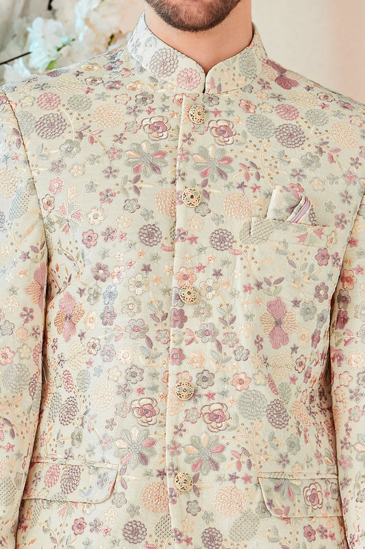 Cream Art Embroidered Velvet Bandhgala (NMK-8543) - Nihal Fashions