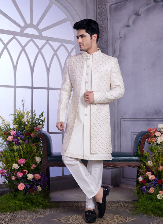 Cream Art Silk 2 Pcs Jacket Set (NMK-8316) - Nihal Fashions